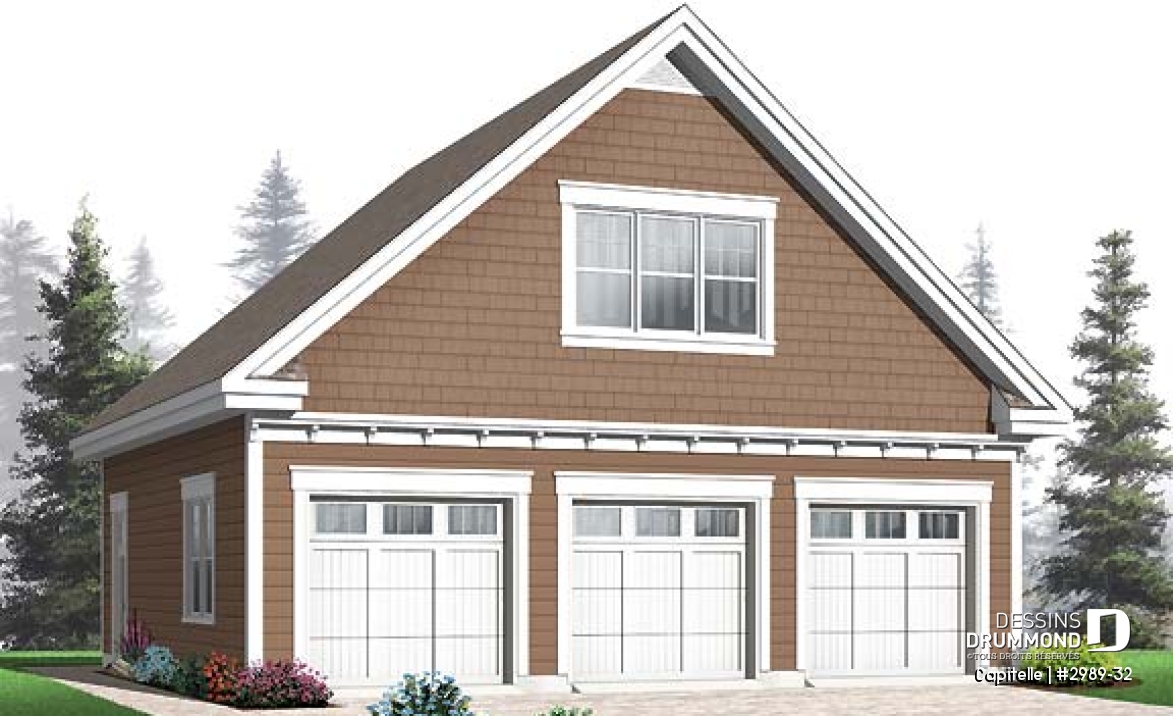 Vue avant - MODÈLE DE BASE - Plan de garage triple à deux étages offrant espace boni aménageable à l'étage, accessible par escalier. - Capitelle