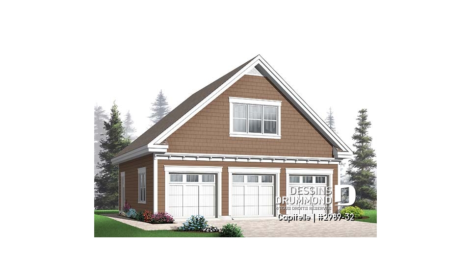 Vue avant - MODÈLE DE BASE - Plan de garage triple à deux étages offrant espace boni aménageable à l'étage, accessible par escalier. - Capitelle