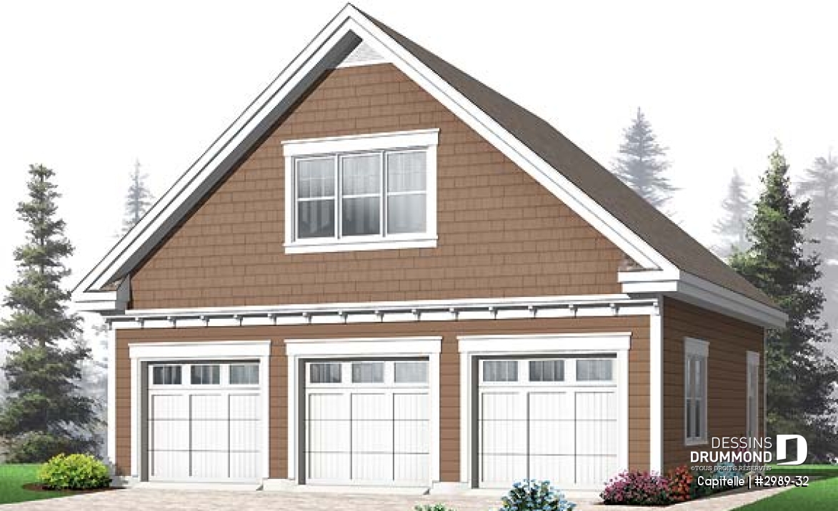 Vue avant - MODÈLE DE BASE - Plan de garage triple à deux étages offrant espace boni aménageable à l'étage, accessible par escalier. - Capitelle