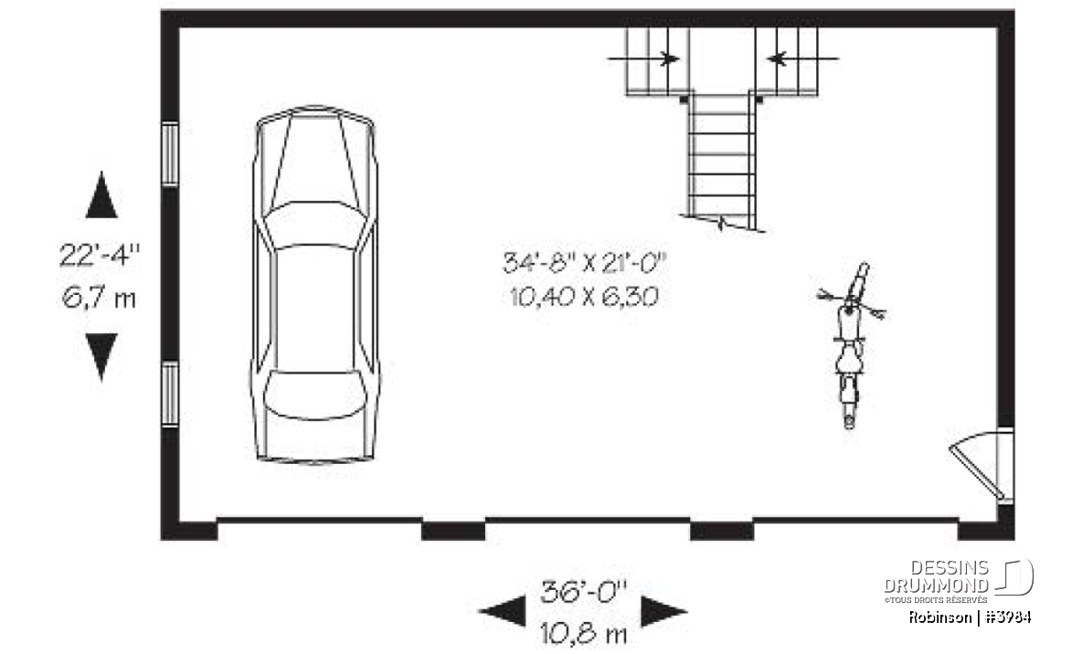 Rez-de-chaussée - Plan de garage tiple de style fermette avec espace boni aménageable  - Robinson