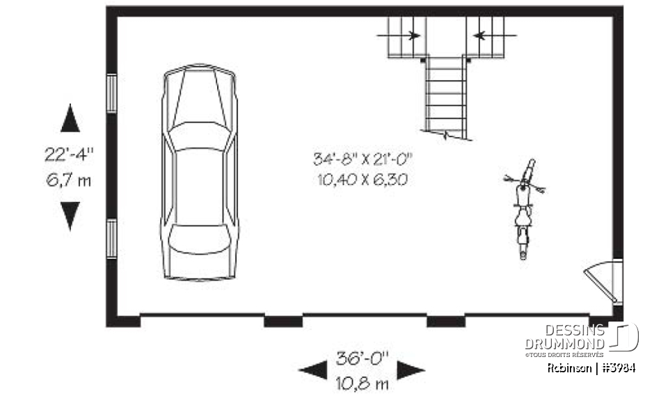 Rez-de-chaussée - Plan de garage tiple de style fermette avec espace boni aménageable  - Robinson