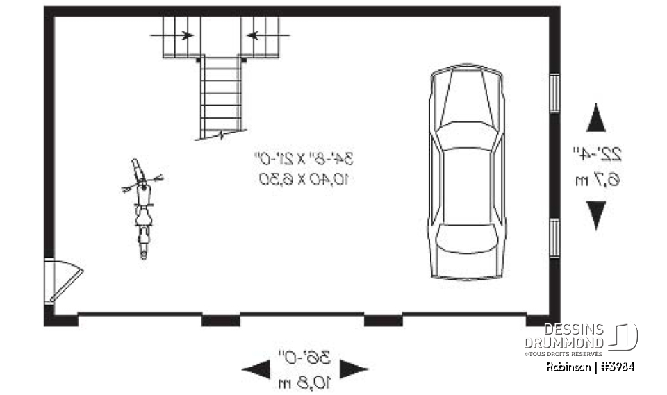 Rez-de-chaussée - Plan de garage tiple de style fermette avec espace boni aménageable  - Robinson