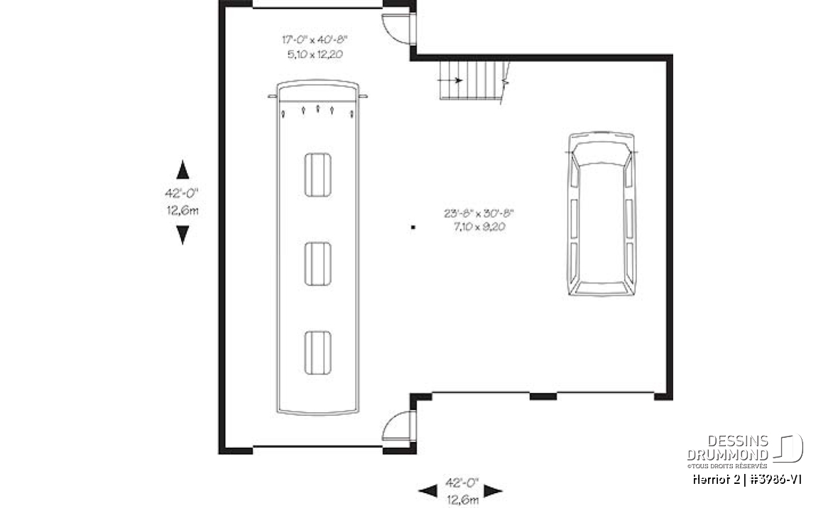 Rez-de-chaussée - Plan de garage triple pour voitures et VR véhicule récréatif, avec espace boni à l'étage - Herriot 2