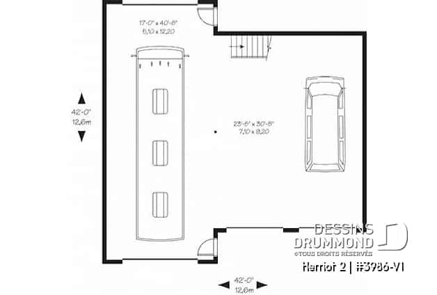 Rez-de-chaussée - Plan de garage triple pour voitures et VR véhicule récréatif, avec espace boni à l'étage - Herriot 2