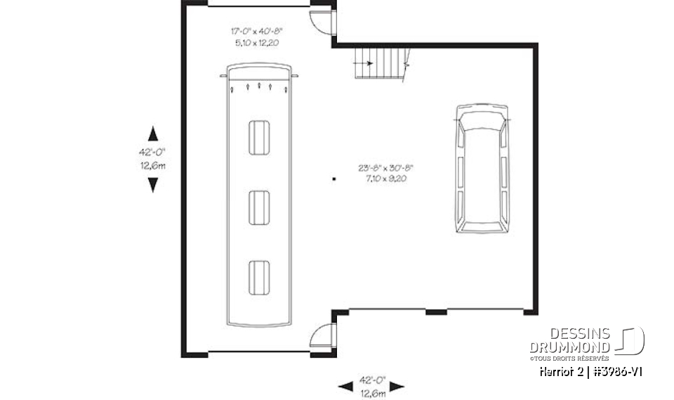 Rez-de-chaussée - Plan de garage triple pour voitures et VR véhicule récréatif, avec espace boni à l'étage - Herriot 2