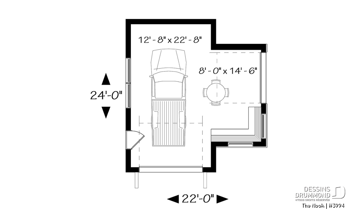 Rez-de-chaussée - Plan de garage une voiture, avec secteur bar &amp; détente s'ouvrant sur la cour via une porte de garage latérale - The Nook