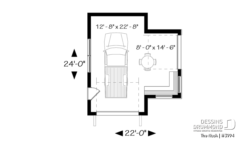 Rez-de-chaussée - Plan de garage une voiture, avec secteur bar &amp; détente s'ouvrant sur la cour via une porte de garage latérale - The Nook