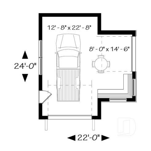 Rez-de-chaussée - Plan de garage une voiture, avec secteur bar & détente s'ouvrant sur la cour via une porte de garage latérale - The Nook