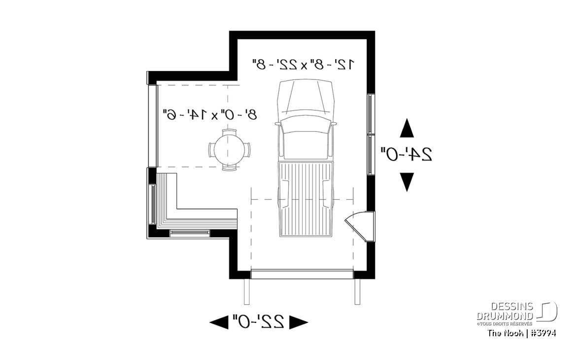 Rez-de-chaussée - Plan de garage une voiture, avec secteur bar &amp; détente s'ouvrant sur la cour via une porte de garage latérale - The Nook