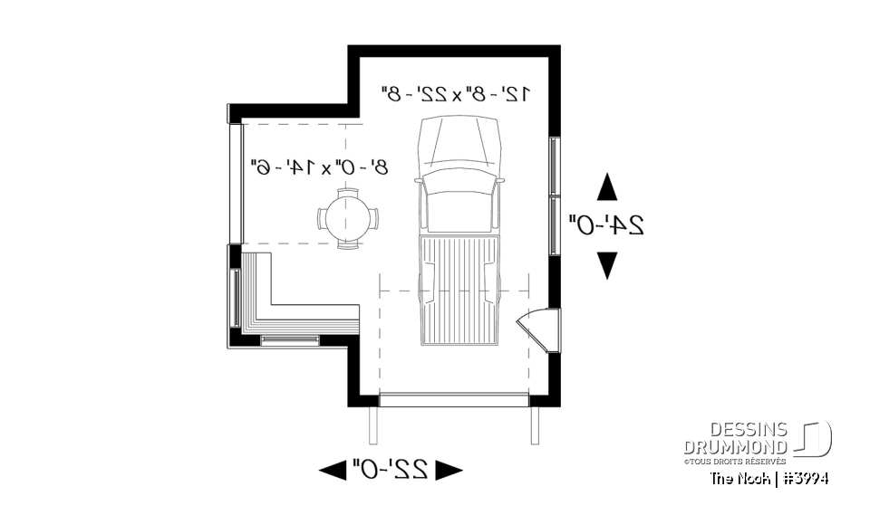 Rez-de-chaussée - Plan de garage une voiture, avec secteur bar &amp; détente s'ouvrant sur la cour via une porte de garage latérale - The Nook