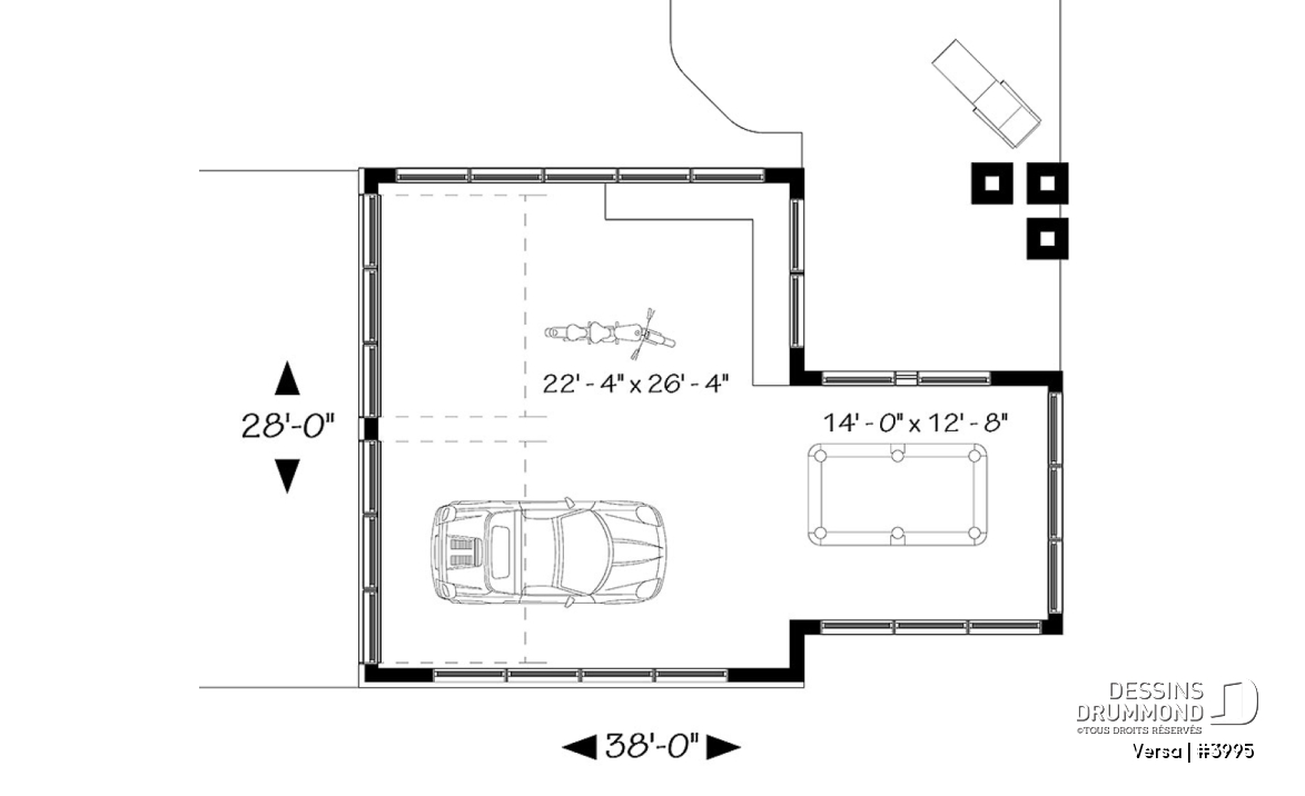 Rez-de-chaussée - Plan de garage 2 autos, coin atelier, secteur versatile pour table de pool, petit bar, plan de garage double - Versa