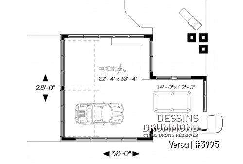 Rez-de-chaussée - Plan de garage 2 autos, coin atelier, secteur versatile pour table de pool, petit bar, plan de garage double - Versa