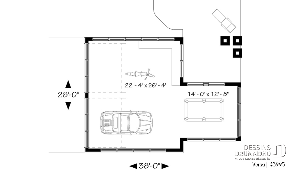 Rez-de-chaussée - Plan de garage 2 autos, coin atelier, secteur versatile pour table de pool, petit bar, plan de garage double - Versa