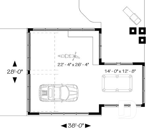 Rez-de-chaussée - Plan de garage 2 autos, coin atelier, secteur versatile pour table de pool, petit bar, plan de garage double - Versa