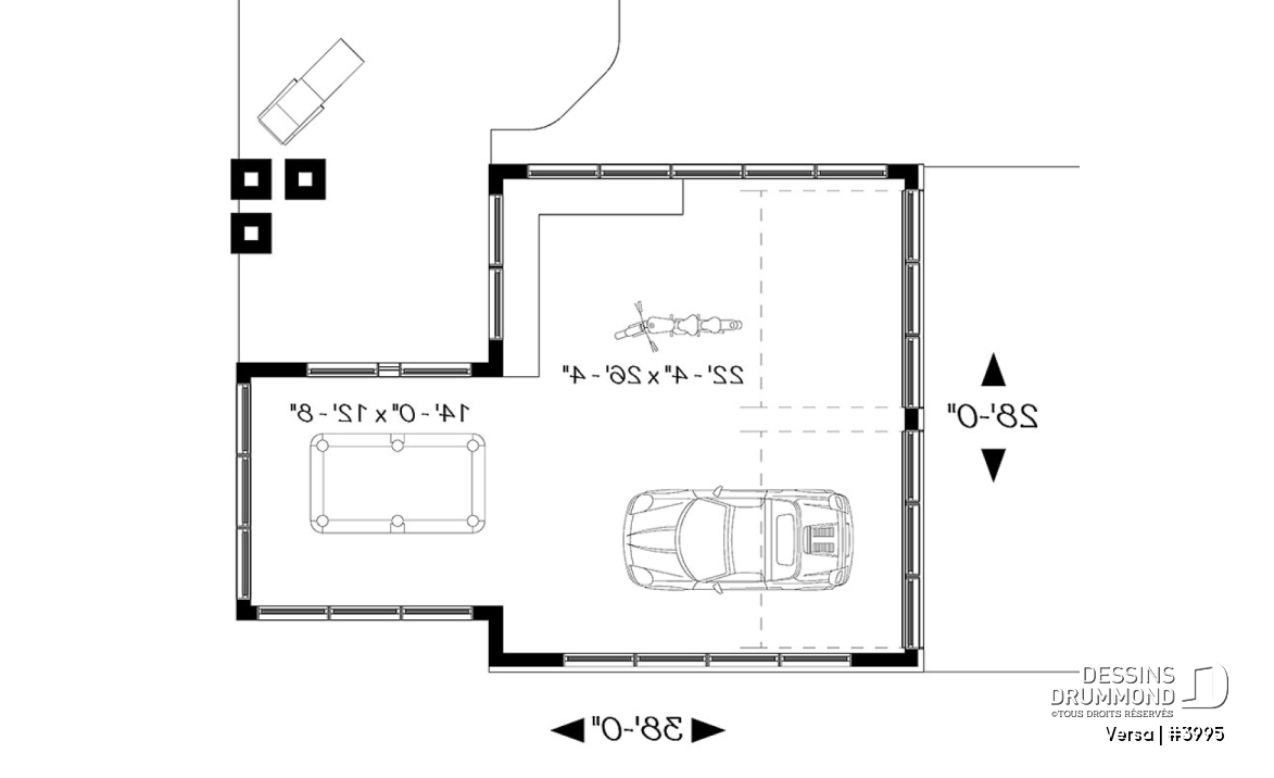 Rez-de-chaussée - Plan de garage 2 autos, coin atelier, secteur versatile pour table de pool, petit bar, plan de garage double - Versa