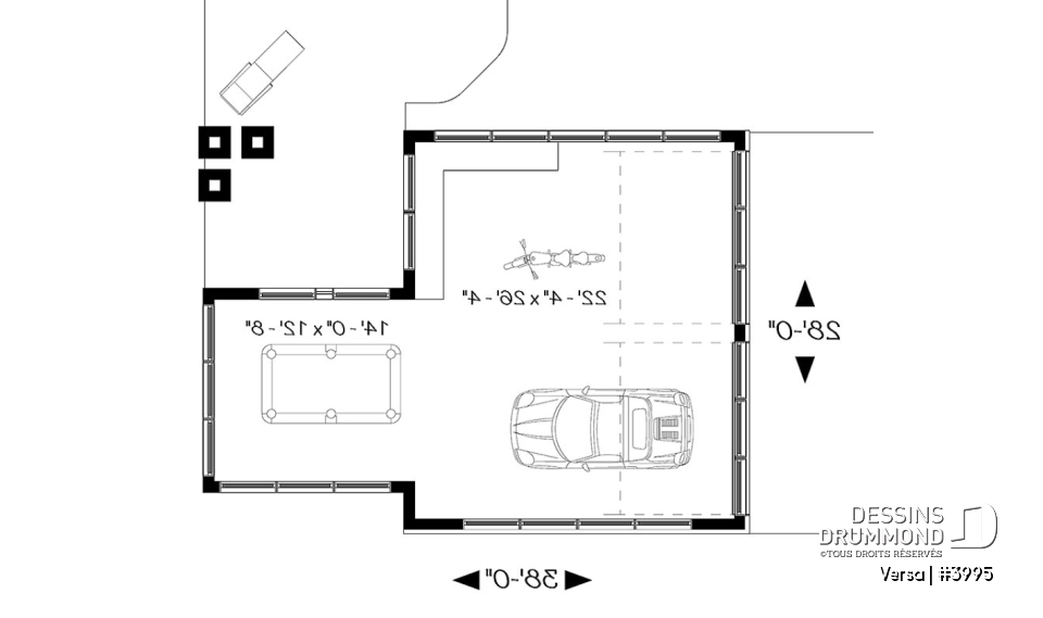 Rez-de-chaussée - Plan de garage 2 autos, coin atelier, secteur versatile pour table de pool, petit bar, plan de garage double - Versa
