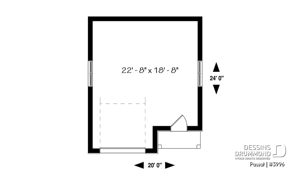 Rez-de-chaussée - Plan de garage une voiture avec espace rangement ou atelier, plafond à 10 pieds, style contemporain. - Passat