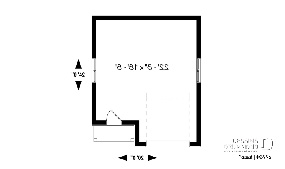 Rez-de-chaussée - Plan de garage une voiture avec espace rangement ou atelier, plafond à 10 pieds, style contemporain. - Passat