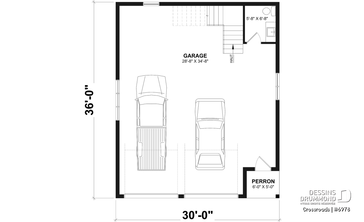 Rez-de-chaussée - Plan de garage double style farmhouse avec balcon couvert, vaste rangement à l'étage, et salle d'eau prévue. - Crossroads