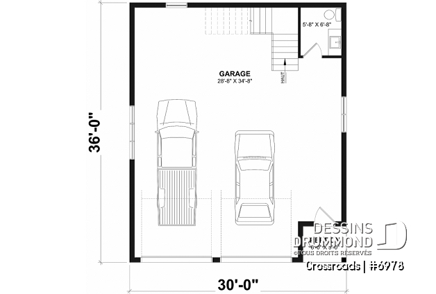 Rez-de-chaussée - Plan de garage double style farmhouse avec balcon couvert, vaste rangement à l'étage, et salle d'eau prévue. - Crossroads