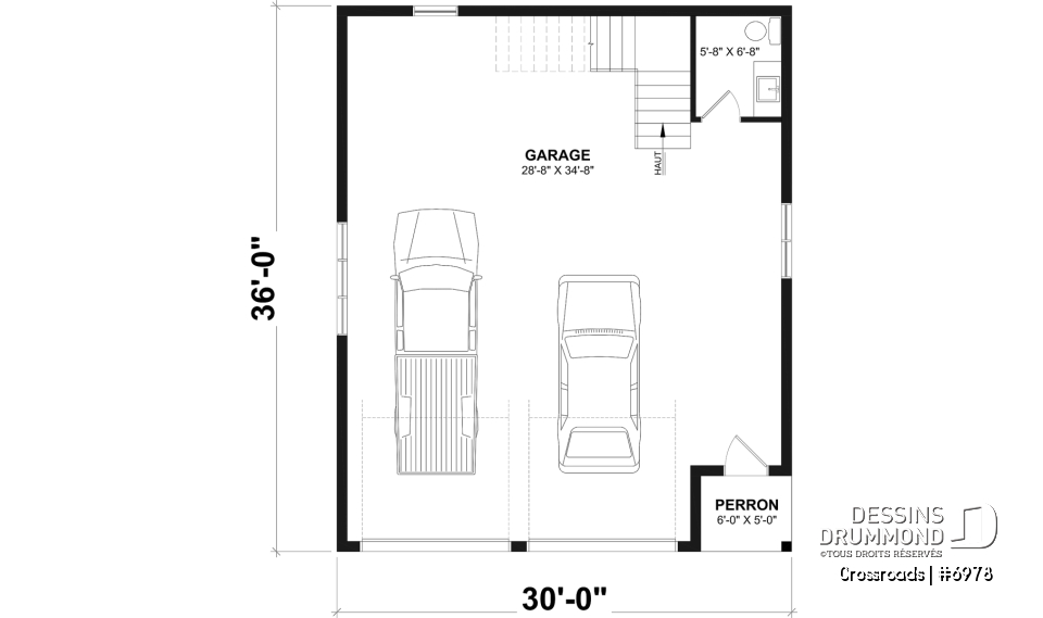 Rez-de-chaussée - Plan de garage double style farmhouse avec balcon couvert, vaste rangement à l'étage, et salle d'eau prévue. - Crossroads
