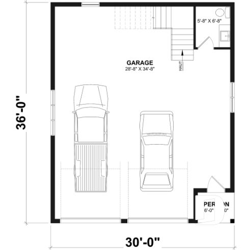 Rez-de-chaussée - Plan de garage double style farmhouse avec balcon couvert, vaste rangement à l'étage, et salle d'eau prévue. - Crossroads