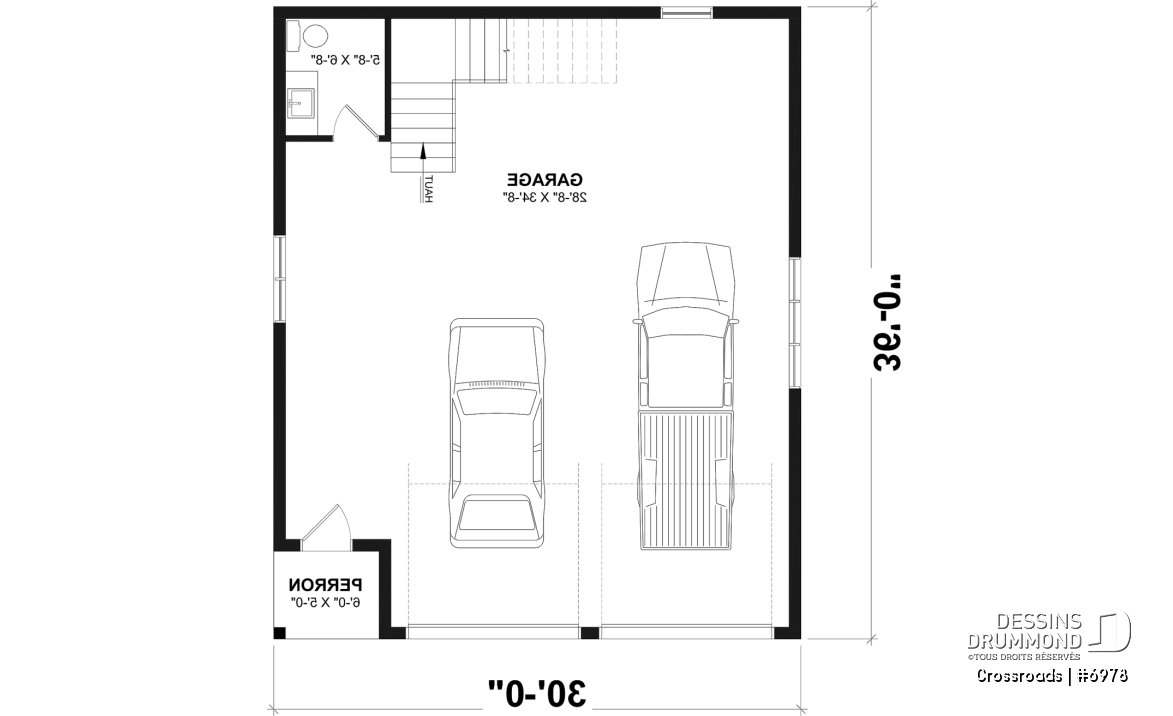 Rez-de-chaussée - Plan de garage double style farmhouse avec balcon couvert, vaste rangement à l'étage, et salle d'eau prévue. - Crossroads