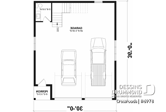 Rez-de-chaussée - Plan de garage double style farmhouse avec balcon couvert, vaste rangement à l'étage, et salle d'eau prévue. - Crossroads