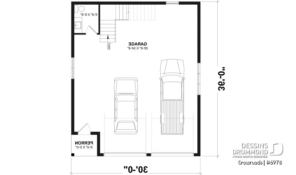Rez-de-chaussée - Plan de garage double style farmhouse avec balcon couvert, vaste rangement à l'étage, et salle d'eau prévue. - Crossroads