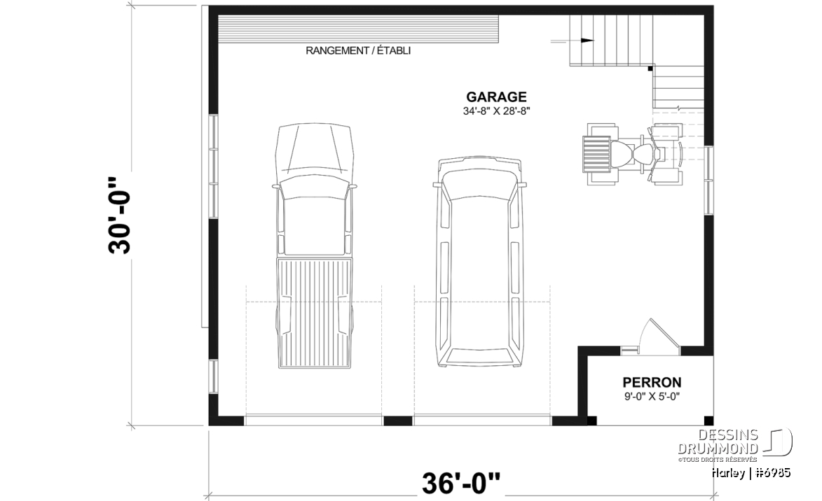 Rez-de-chaussée - Plan de garage double et spacieux avec rangement prévu au rez-de-chaussée et à l'étage - Harley