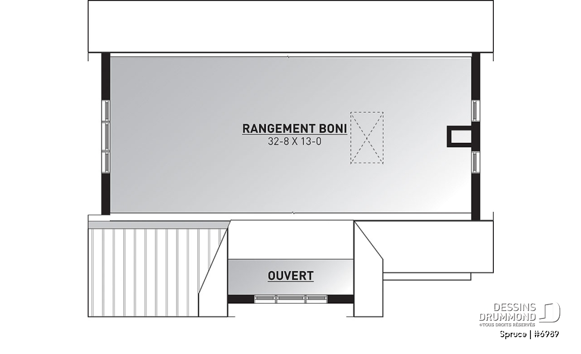 Rangement boni - Superbe plan de garage avec atelier, espace pour jardinage et poêle à bois. Rangement boni à l'étage. - Spruce