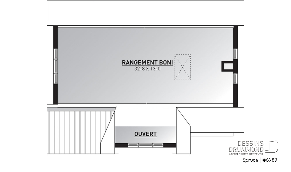 Rangement boni - Superbe plan de garage avec atelier, espace pour jardinage et poêle à bois. Rangement boni à l'étage. - Spruce