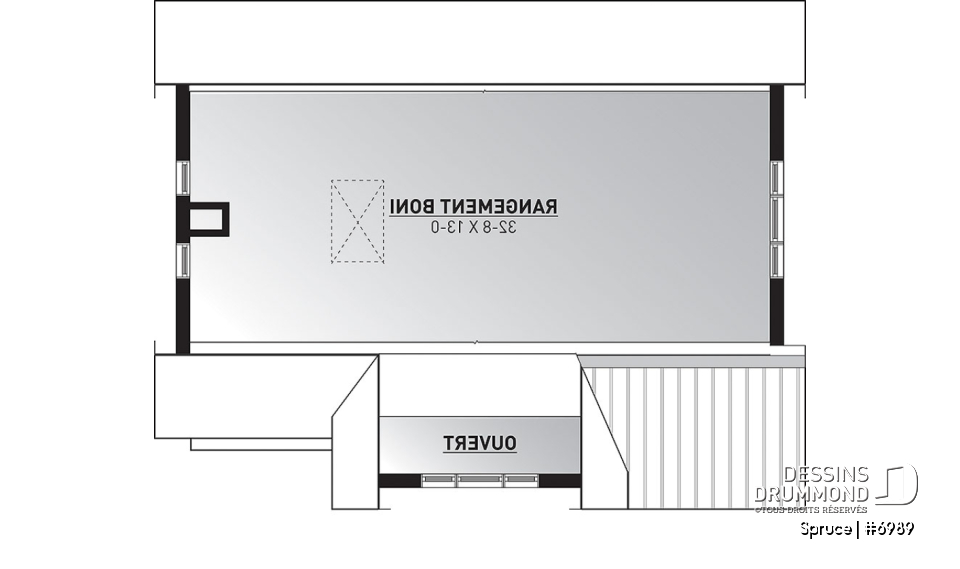 Rangement boni - Superbe plan de garage avec atelier, espace pour jardinage et poêle à bois. Rangement boni à l'étage. - Spruce