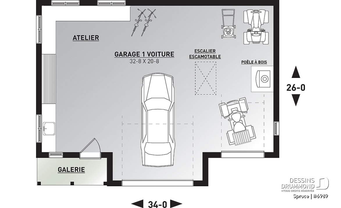 Rez-de-chaussée - Superbe plan de garage avec atelier, espace pour jardinage et poêle à bois. Rangement boni à l'étage. - Spruce