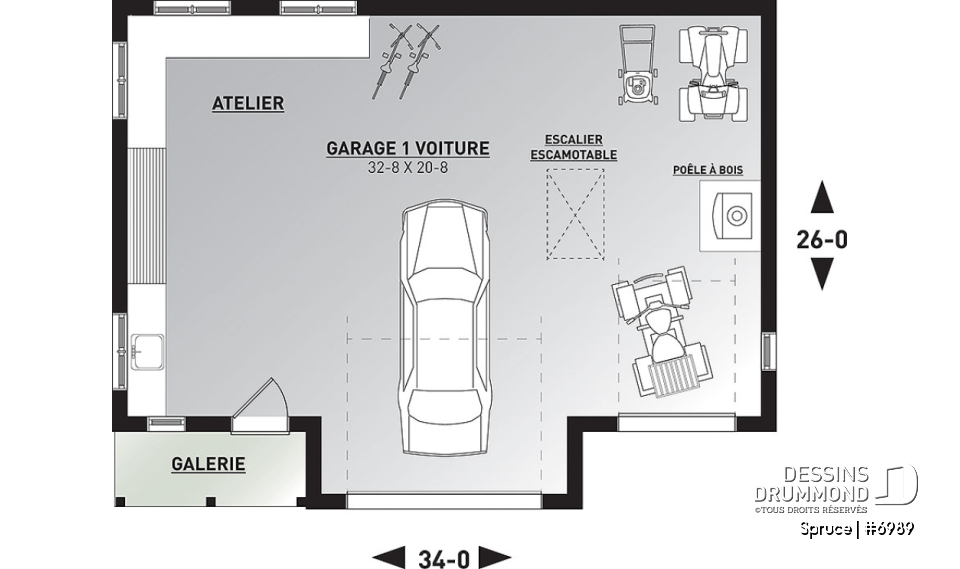 Rez-de-chaussée - Superbe plan de garage avec atelier, espace pour jardinage et poêle à bois. Rangement boni à l'étage. - Spruce