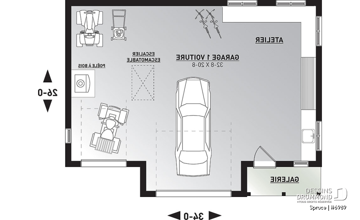 Rez-de-chaussée - Superbe plan de garage avec atelier, espace pour jardinage et poêle à bois. Rangement boni à l'étage. - Spruce