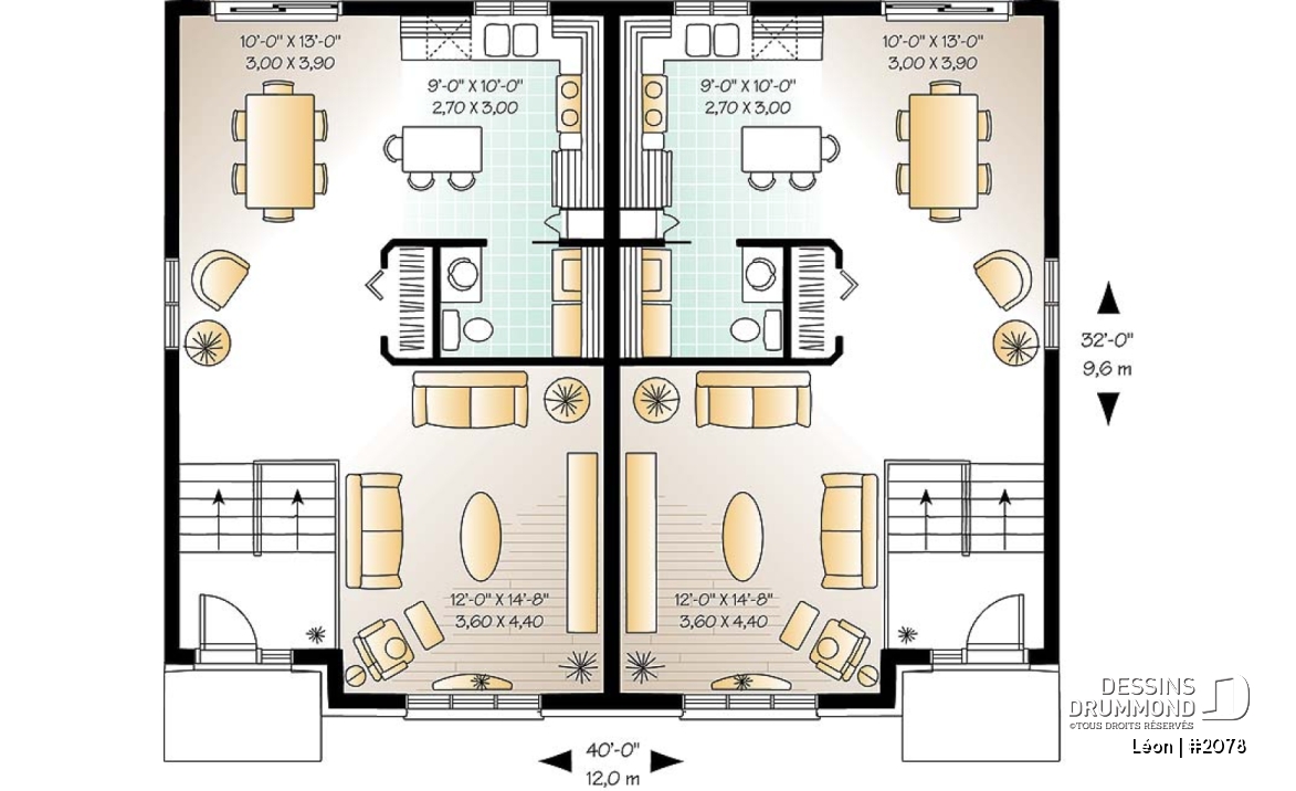 Rez-de-chaussée - Plan de maison jumelée 3 chambres, buanderie au rdc,, salle familiale spacieuse, îlot à la cuisine - Léon