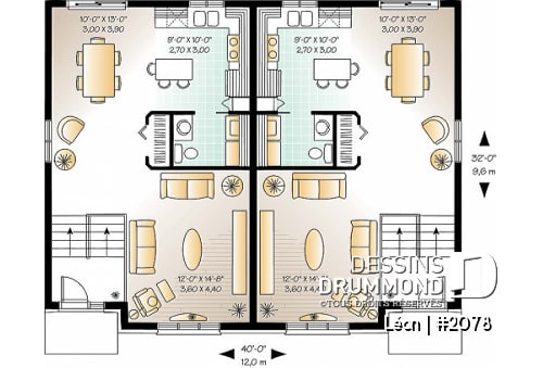 Rez-de-chaussée - Plan de maison jumelée 3 chambres, buanderie au rdc,, salle familiale spacieuse, îlot à la cuisine - Léon