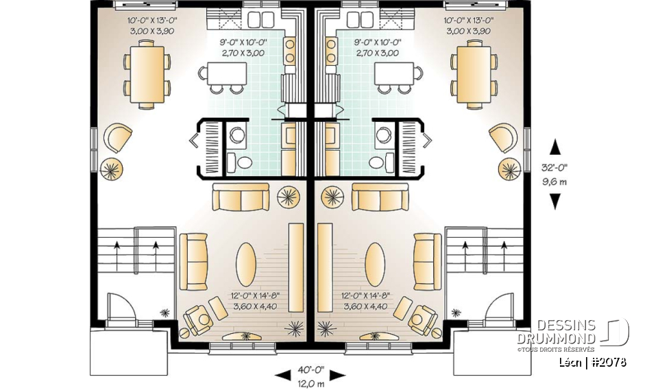 Rez-de-chaussée - Plan de maison jumelée 3 chambres, buanderie au rdc,, salle familiale spacieuse, îlot à la cuisine - Léon