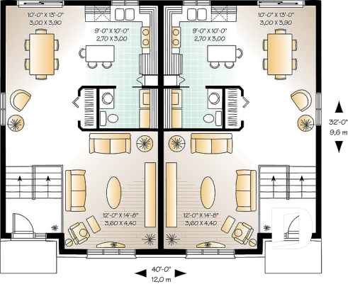Rez-de-chaussée - Plan de maison jumelée 3 chambres, buanderie au rdc,, salle familiale spacieuse, îlot à la cuisine - Léon