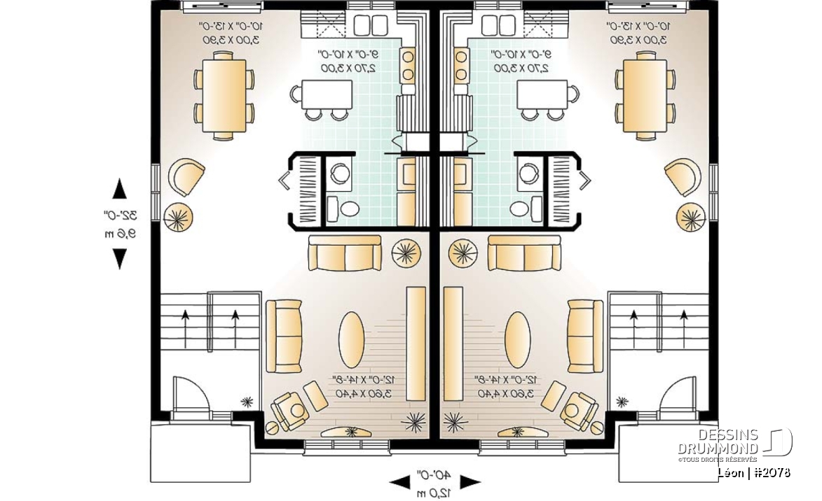 Rez-de-chaussée - Plan de maison jumelée 3 chambres, buanderie au rdc,, salle familiale spacieuse, îlot à la cuisine - Léon