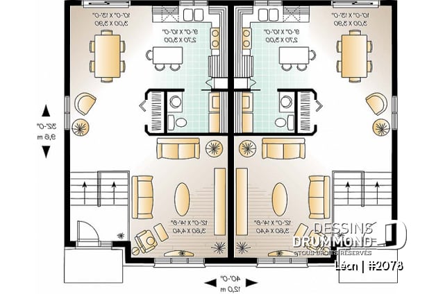 Rez-de-chaussée - Plan de maison jumelée 3 chambres, buanderie au rdc,, salle familiale spacieuse, îlot à la cuisine - Léon