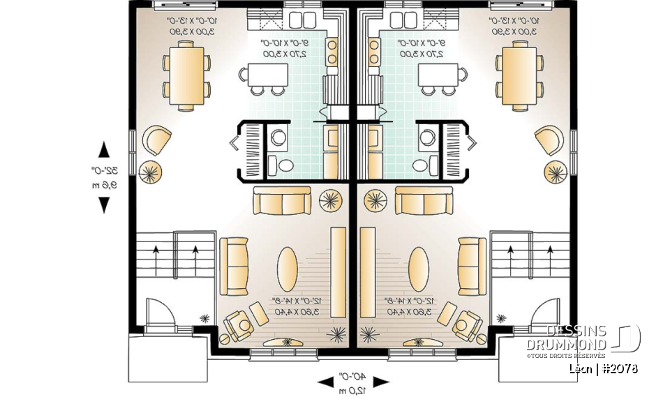 Rez-de-chaussée - Plan de maison jumelée 3 chambres, buanderie au rdc,, salle familiale spacieuse, îlot à la cuisine - Léon