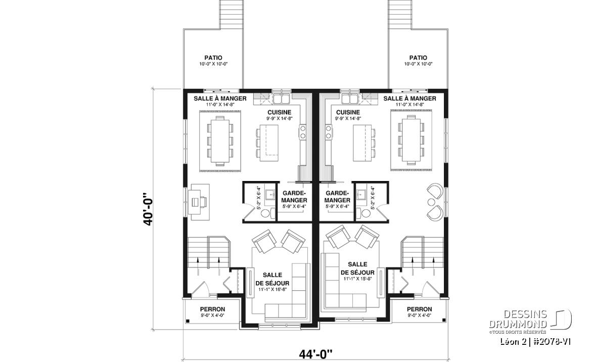 Rez-de-chaussée - Plan de maison jumelée, 3 chambres, 2 salles de bain, grande cuisine, buanderie au r-d-c, coin ordinateur - Léon 2