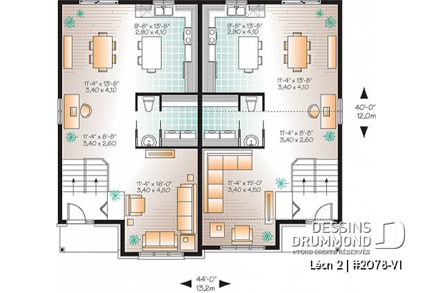 Rez-de-chaussée - Plan de maison jumelée, 3 chambres, 2 salles de bain, grande cuisine, buanderie au r-d-c, coin ordinateur - Léon 2