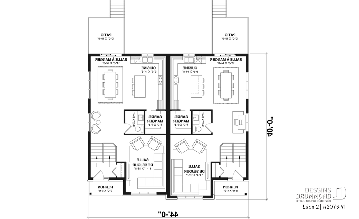Rez-de-chaussée - Plan de maison jumelée, 3 chambres, 2 salles de bain, grande cuisine, buanderie au r-d-c, coin ordinateur - Léon 2
