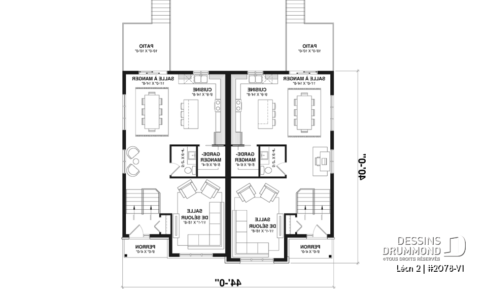 Rez-de-chaussée - Plan de maison jumelée, 3 chambres, 2 salles de bain, grande cuisine, buanderie au r-d-c, coin ordinateur - Léon 2