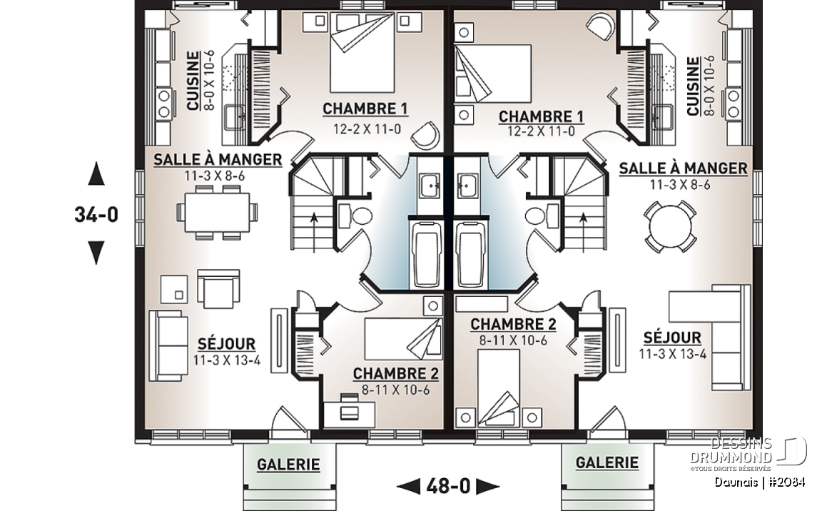 Rez-de-chaussée - Plan de maisons Jumelées de style Craftsman, 2 chambres, sous-sol à aménager, espace ouvert - Daunais