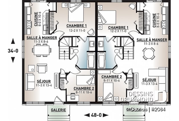 Rez-de-chaussée - Plan de maisons Jumelées de style Craftsman, 2 chambres, sous-sol à aménager, espace ouvert - Daunais