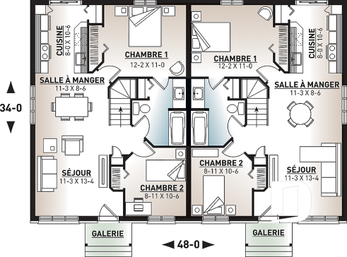 Rez-de-chaussée - Plan de maisons Jumelées de style Craftsman, 2 chambres, sous-sol à aménager, espace ouvert - Daunais